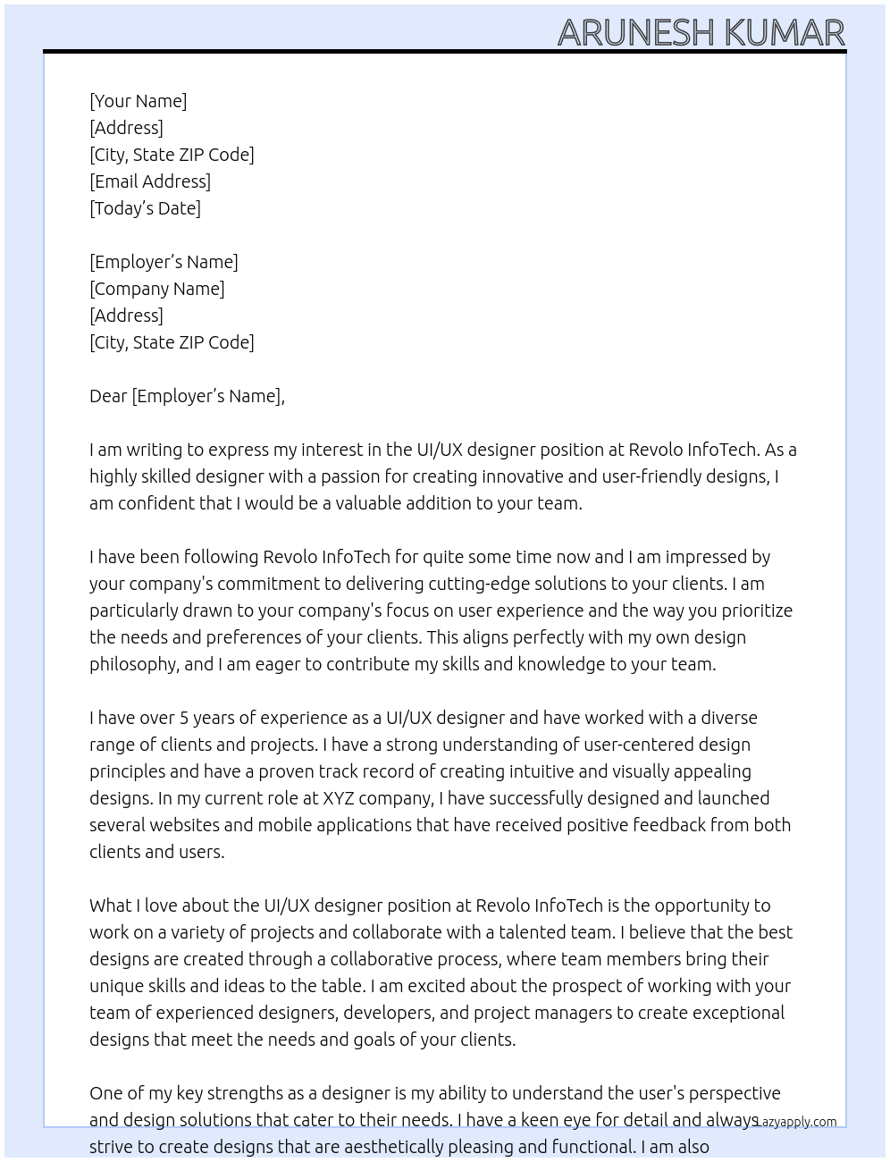 UI/UX designer At Revolo InfoTech Cover Letter