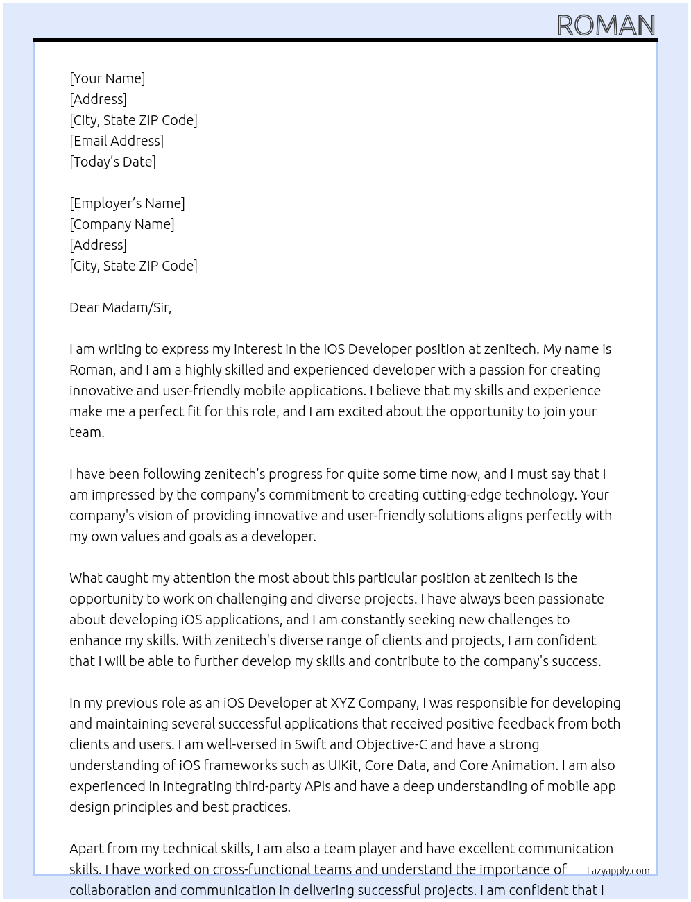 iOS Developer At zenitech Cover Letter