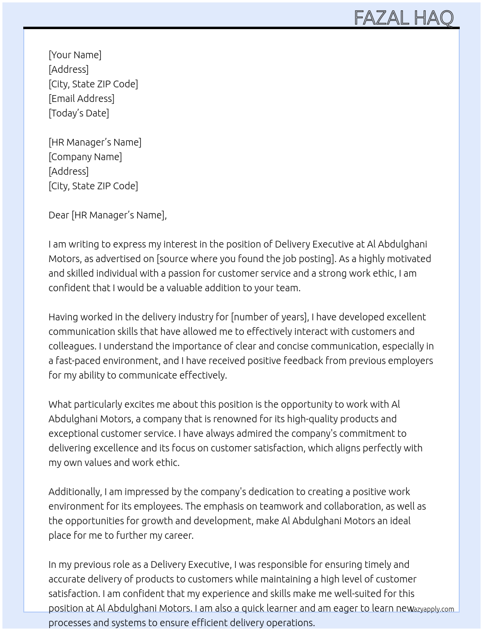 Delivery Executive At Al Abdulghani Motors Cover Letter