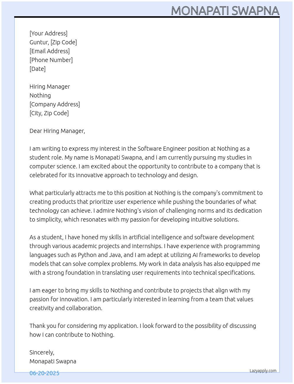 software engineer At nothing Cover Letter
