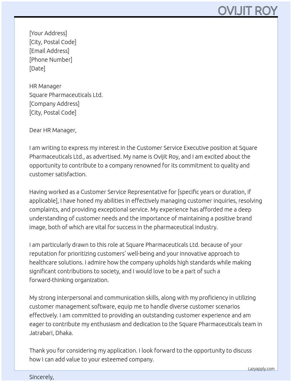 Customer Service Executive At Square Pharmaceuticals Ltd. Cover Letter