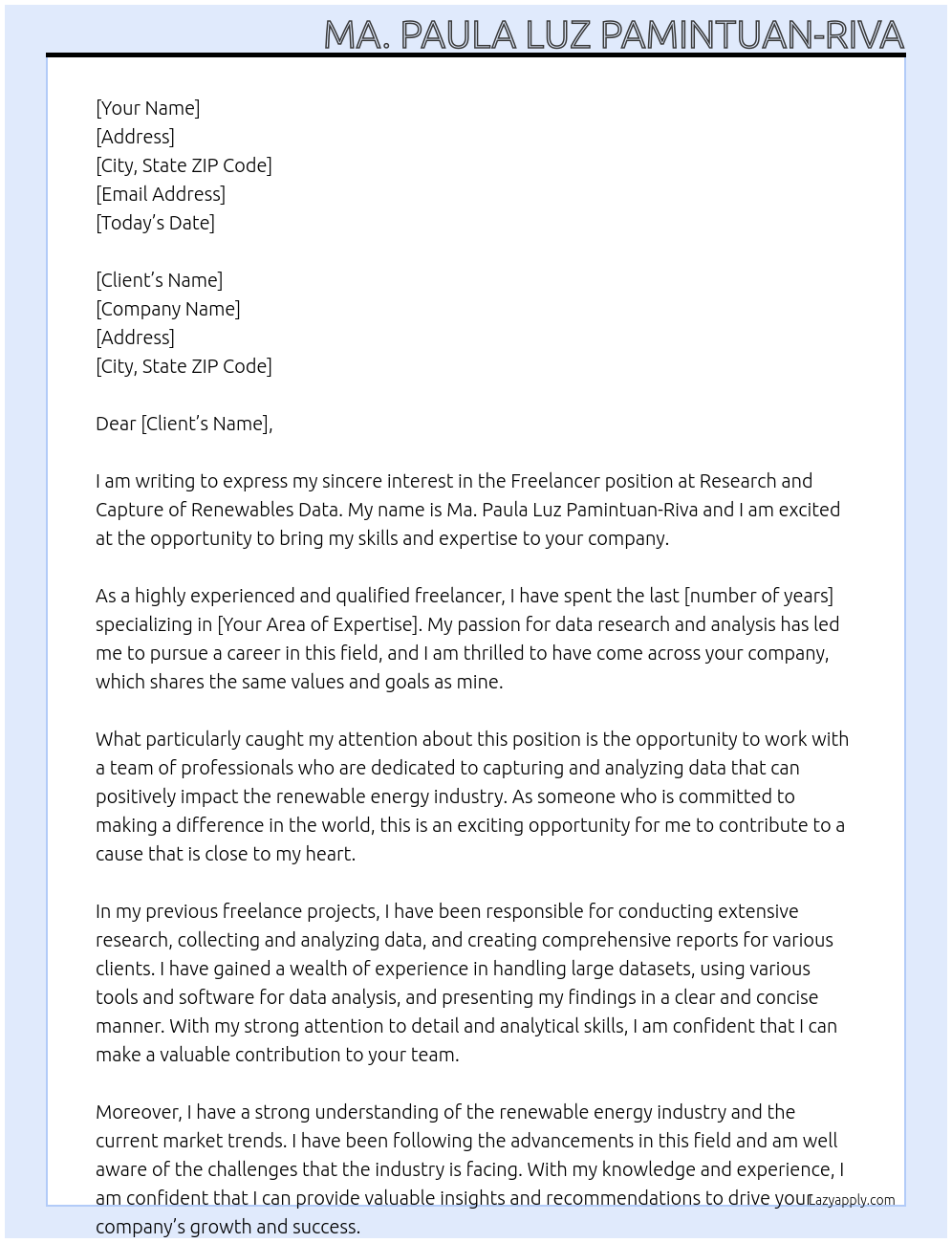 freelancer At Research and capture of renewables data Cover Letter