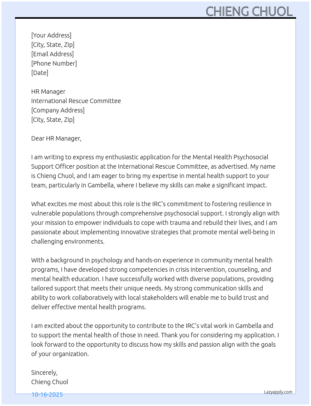 Mental Health Psychosocial Support Officer At International Rescue Committee Cover Letter