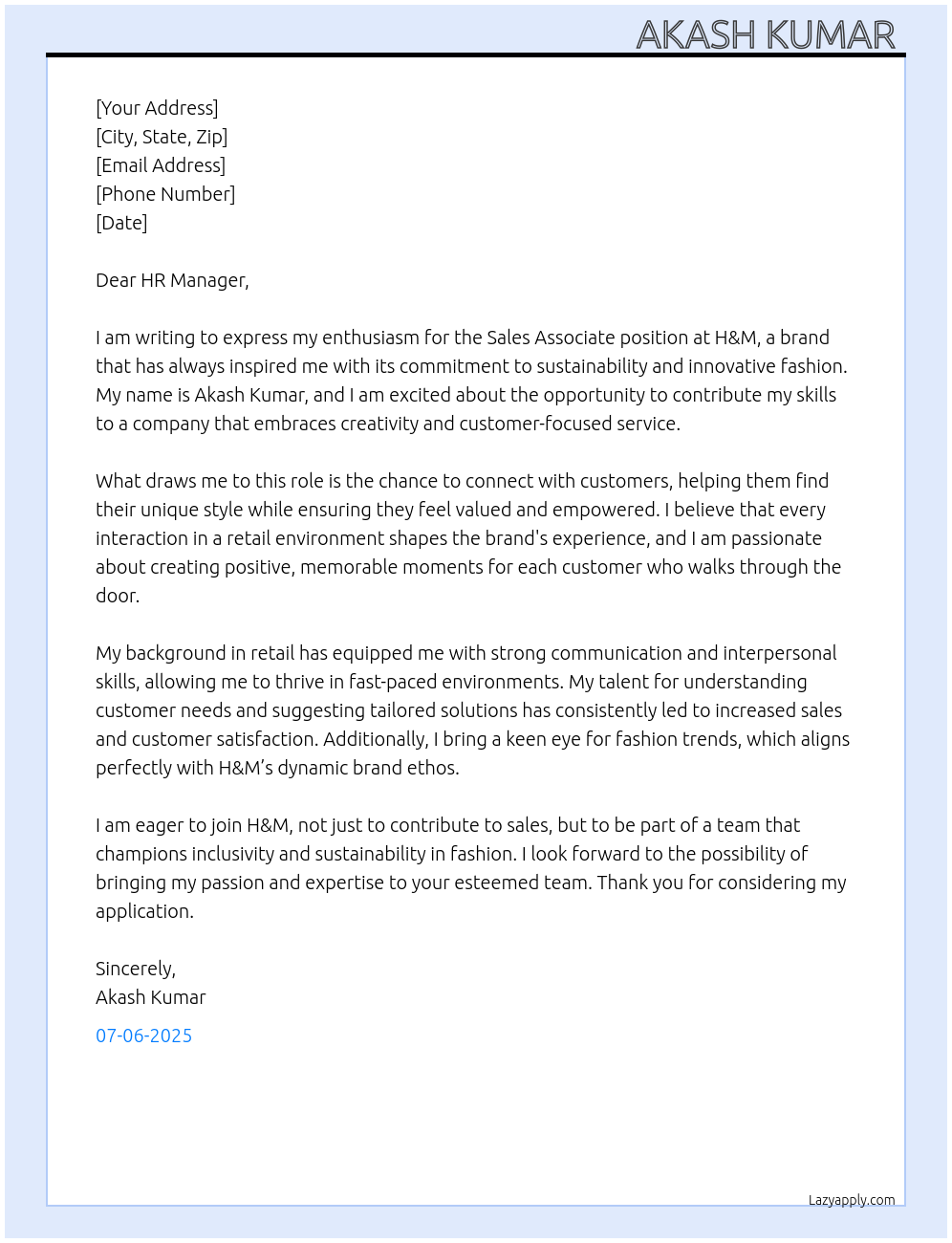 Sales associate At H&M Cover Letter