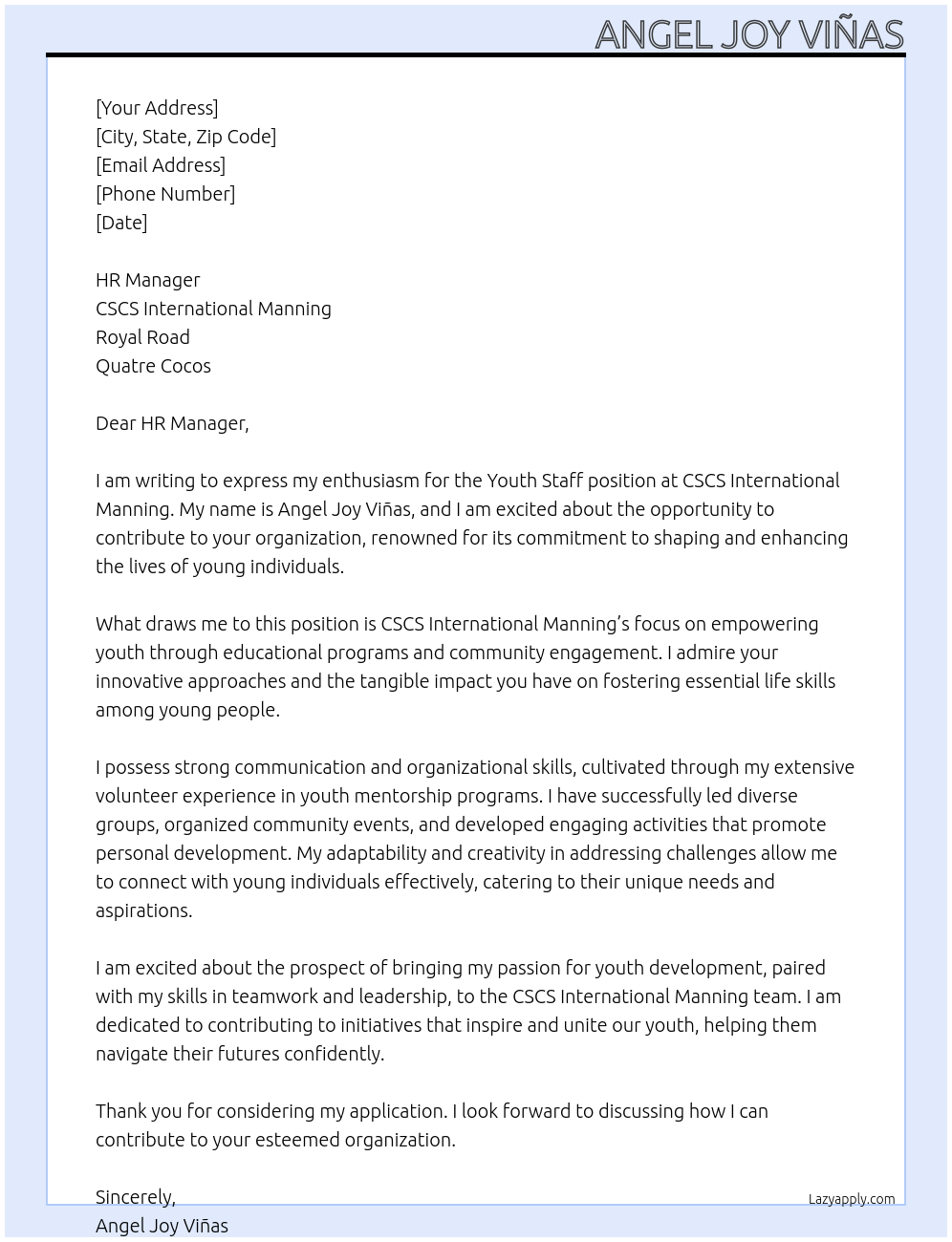 Youth staff At CSCS International Manning, Royal Road, Quatre Cocos Cover Letter