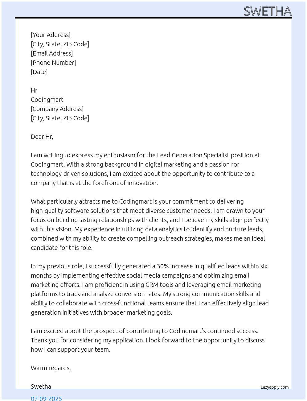 Cover letter for lead generation specialist - LazyApply