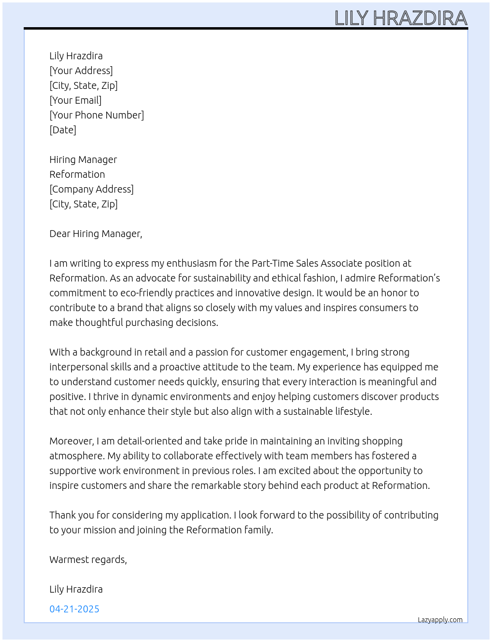 part time sales associate At Reformation Cover Letter