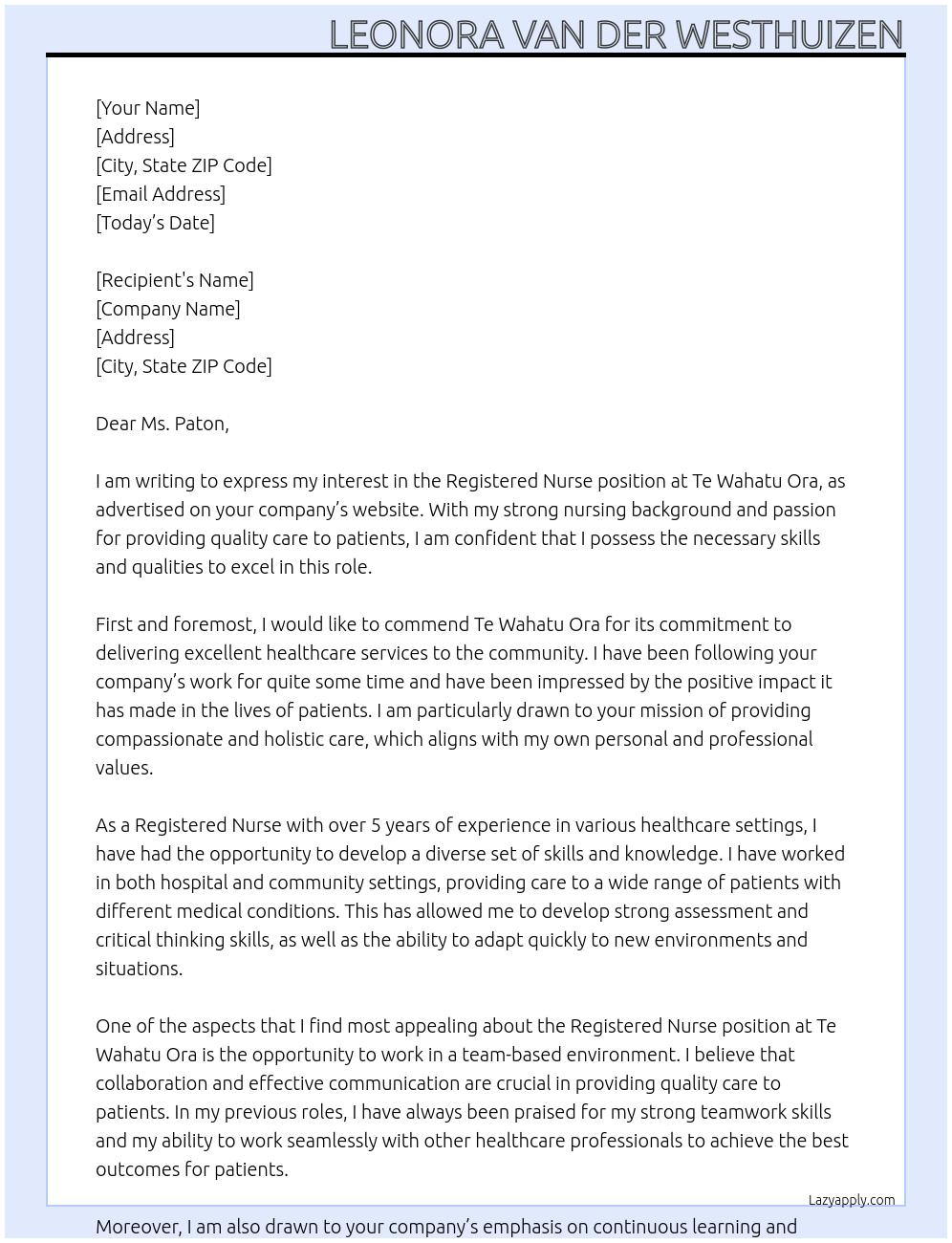 Registered Nurse At Te Wahatu Ora Cover Letter