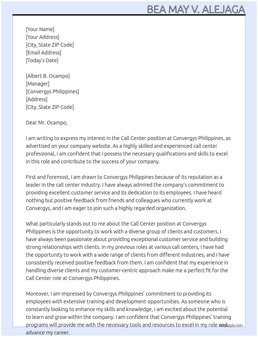 Call Center At Convergys Philippines Cover Letter