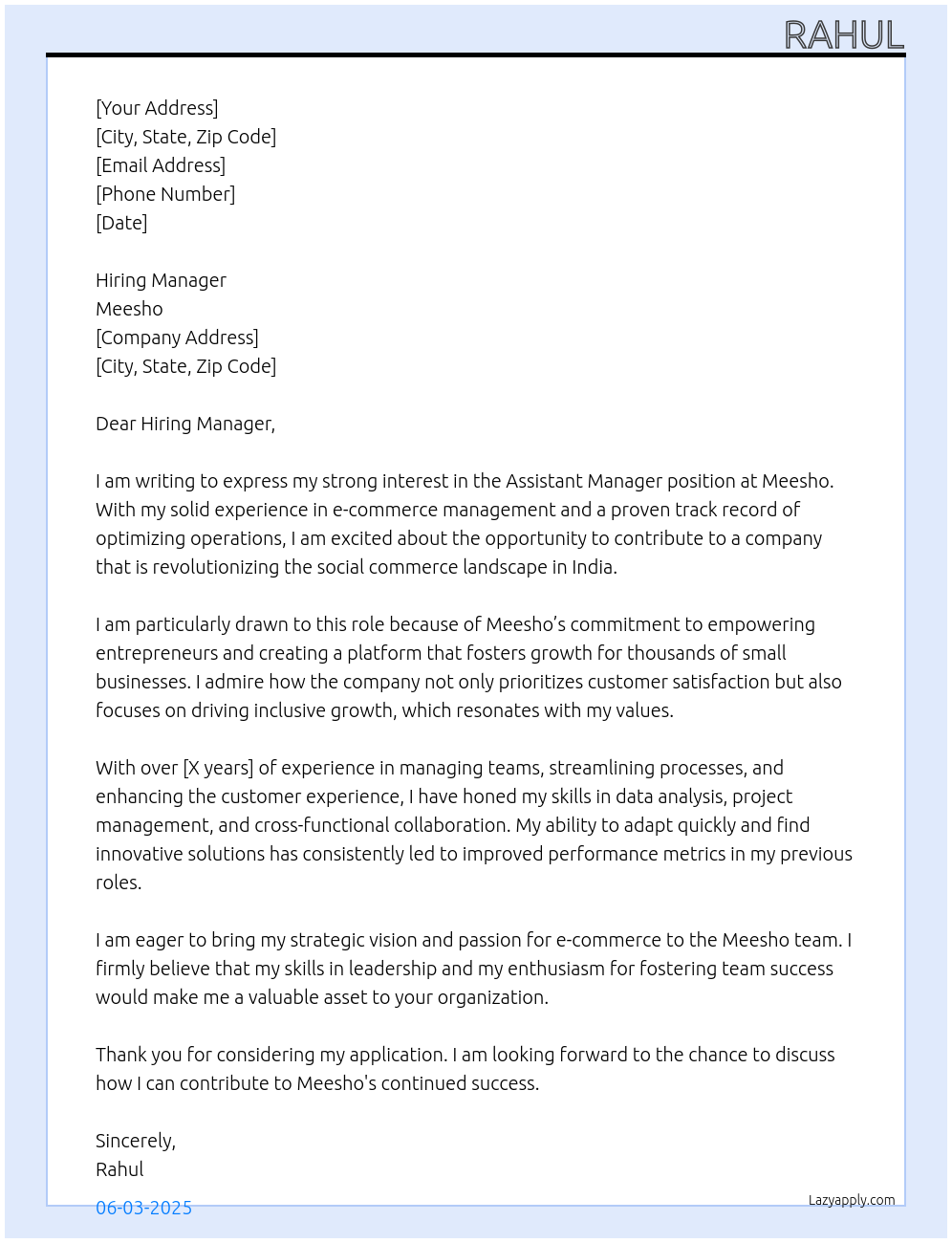 Assistant Manager Experience At Meesho Cover Letter