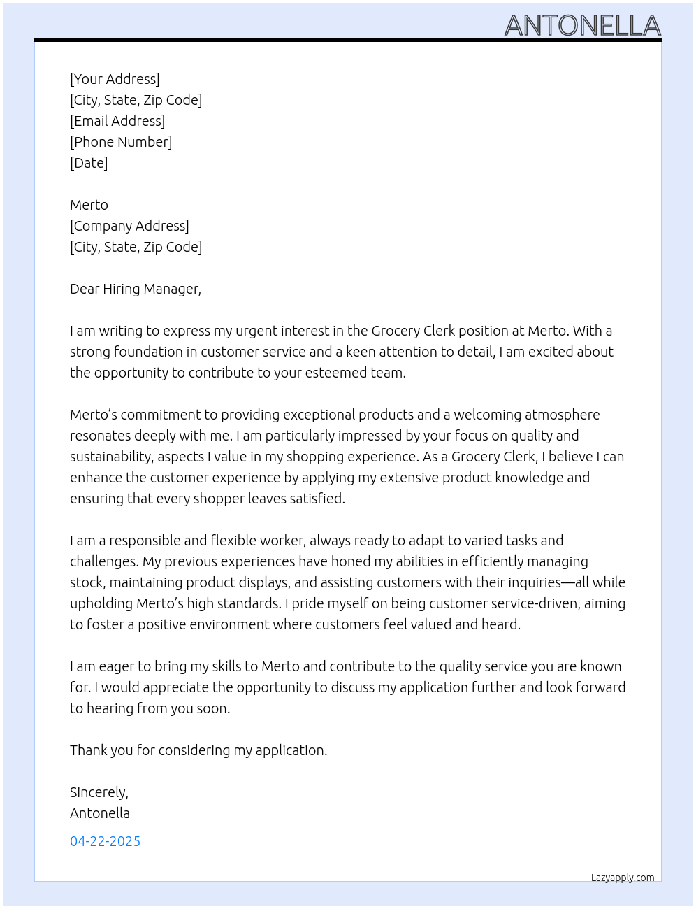 Grocery clerk At Merto Cover Letter