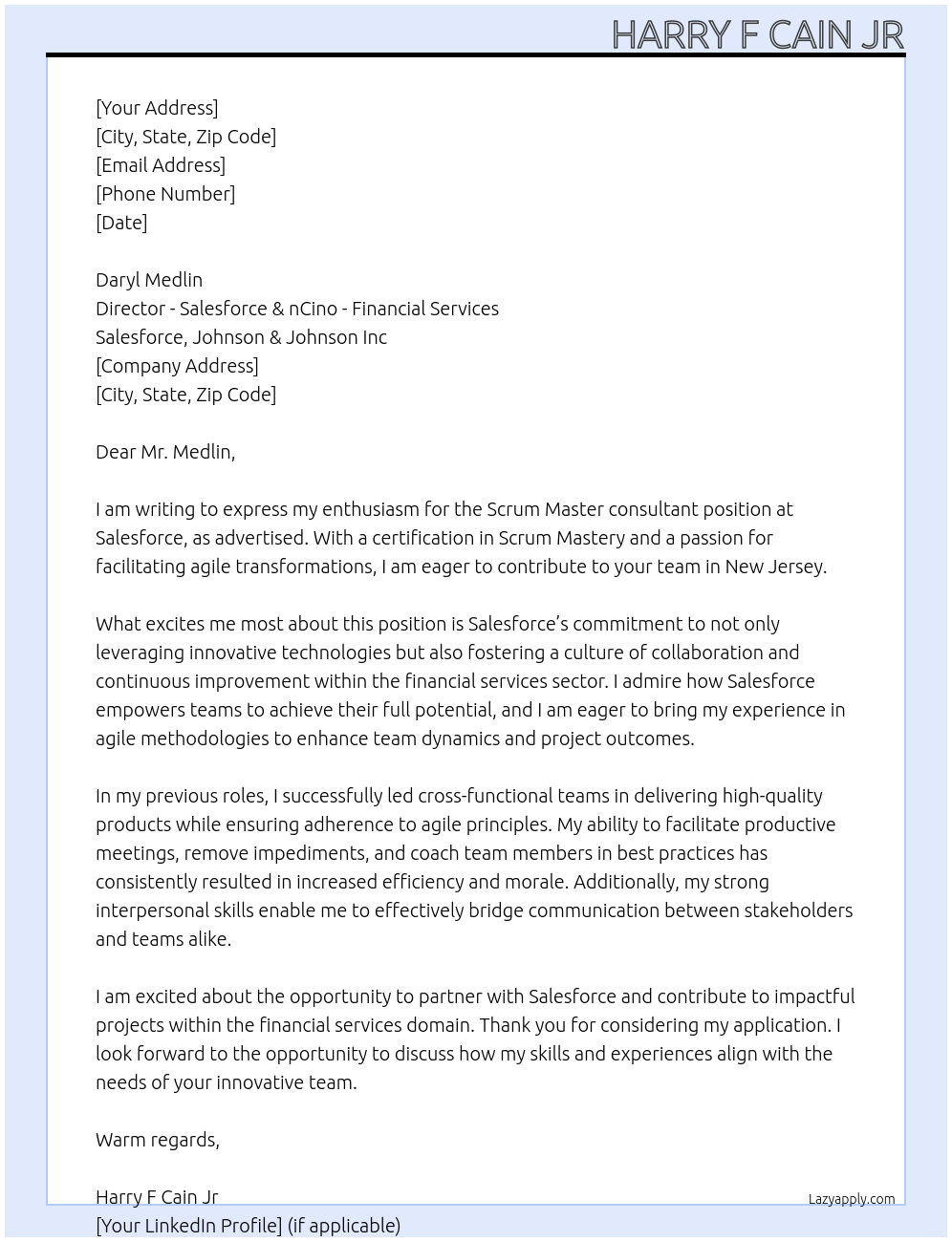 Scrum Master At Salesforce, Johnson & Johnson Inc Cover Letter