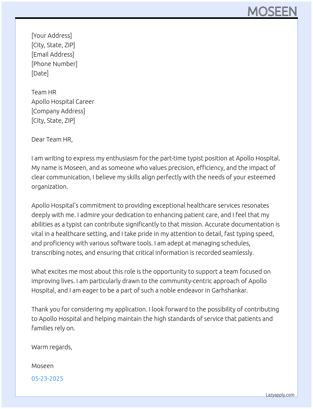 Cover letter for typist - LazyApply