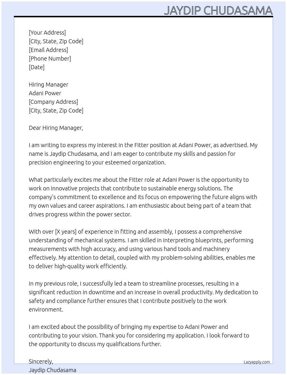 Fitter At Adani power Cover Letter