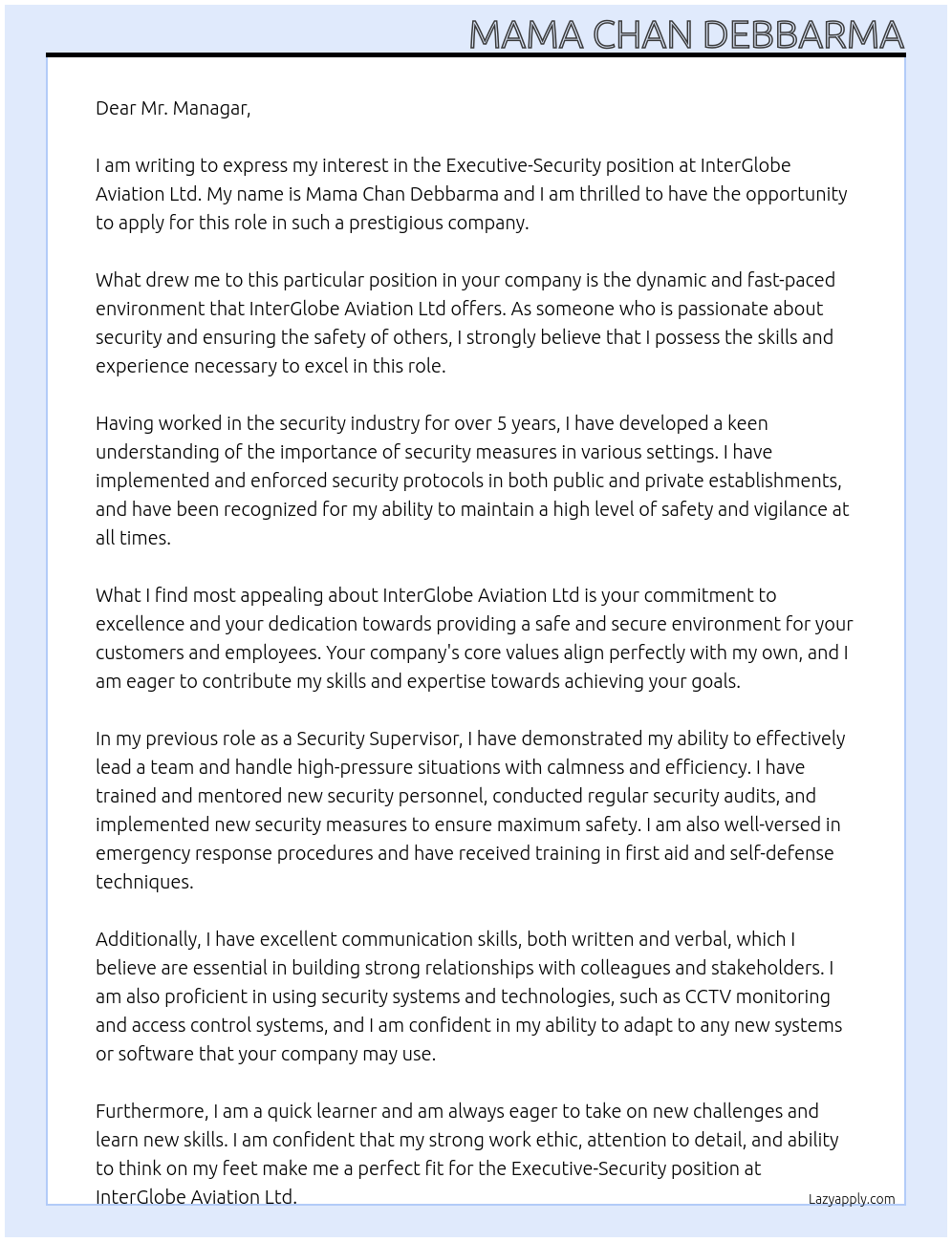 Executive-security At InterGlobe Aviation Ltd Cover Letter