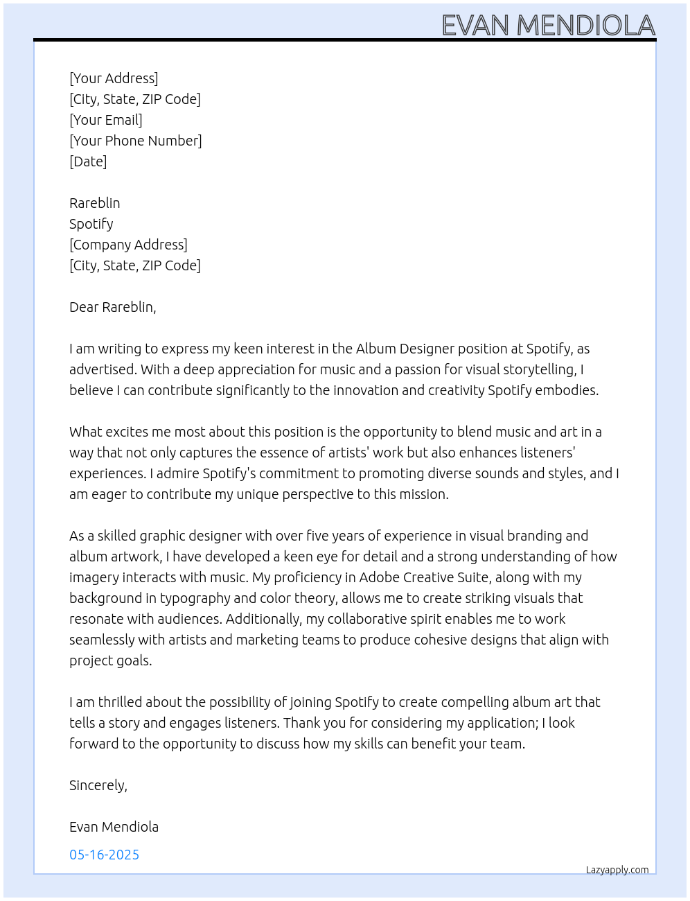 Album designer At Spotify Cover Letter