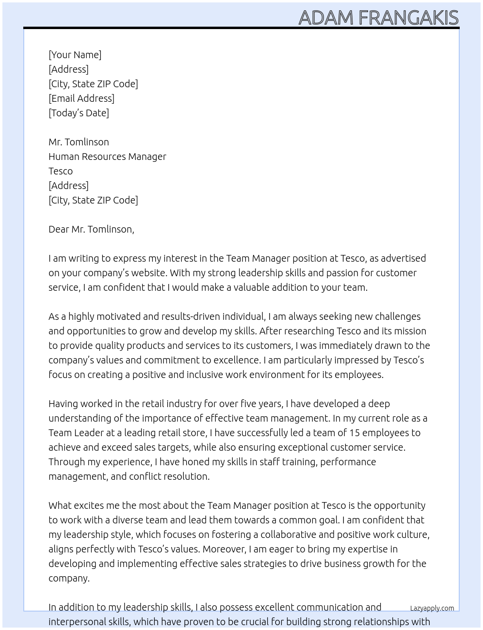 Team manager At Tesco Cover Letter