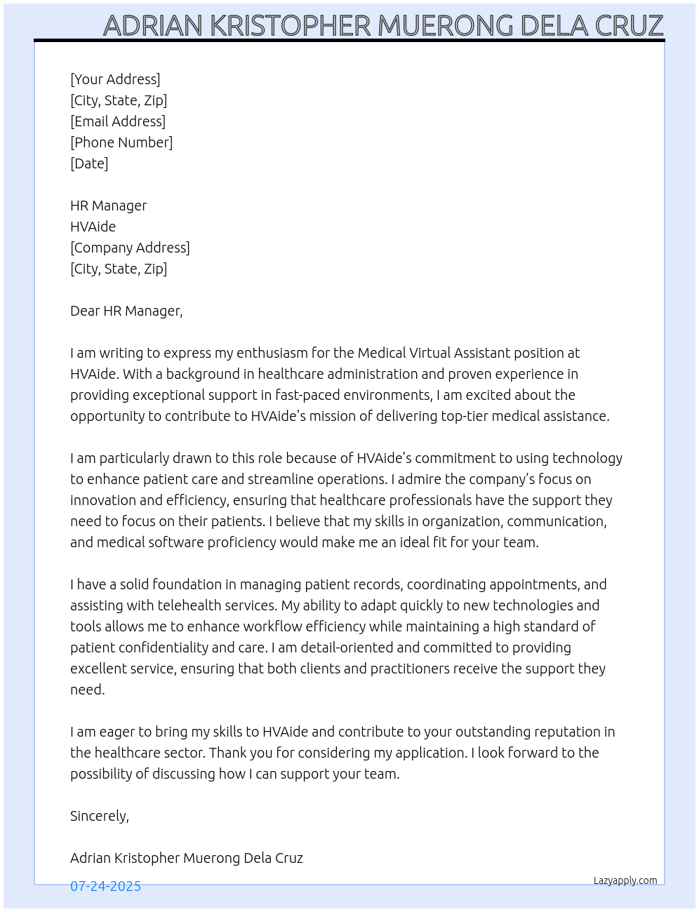 Medical Virtual Assistant At HVAide Cover Letter