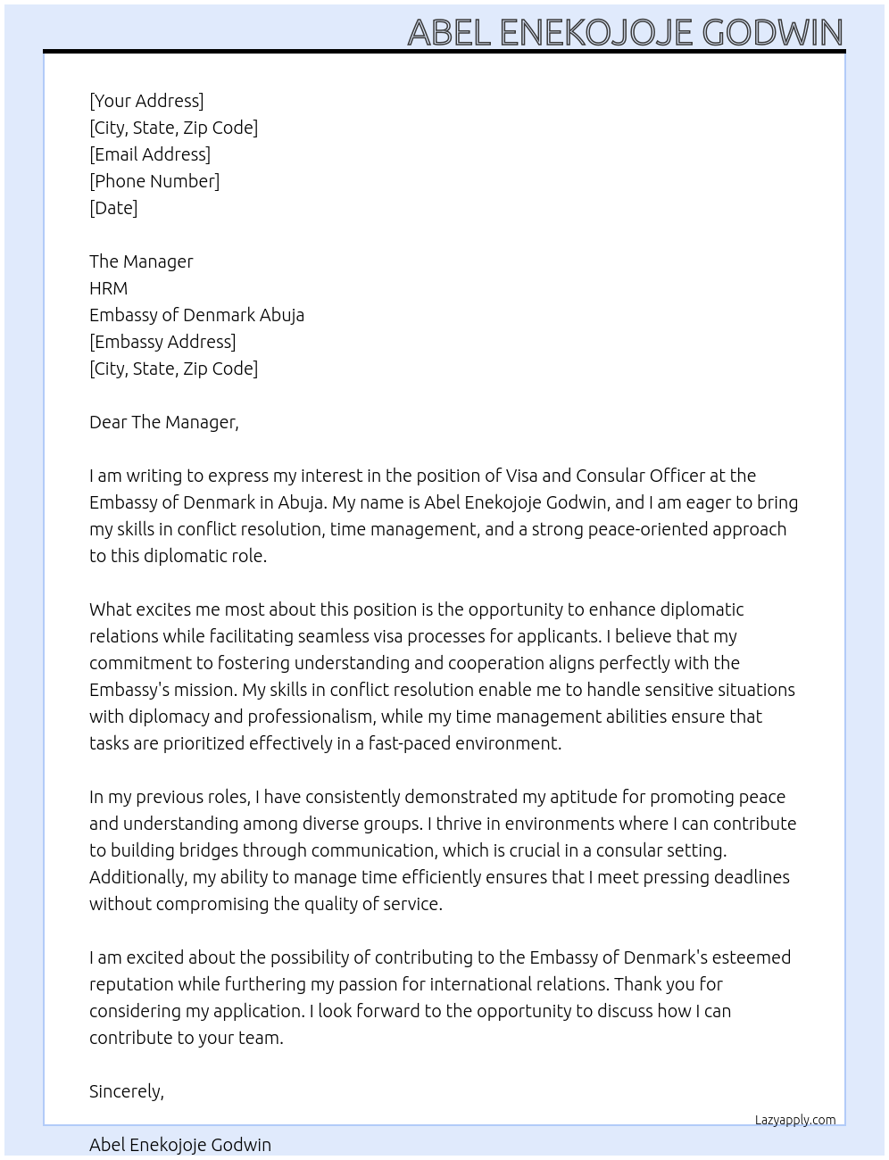 Cover letter for visa and consular officer - LazyApply