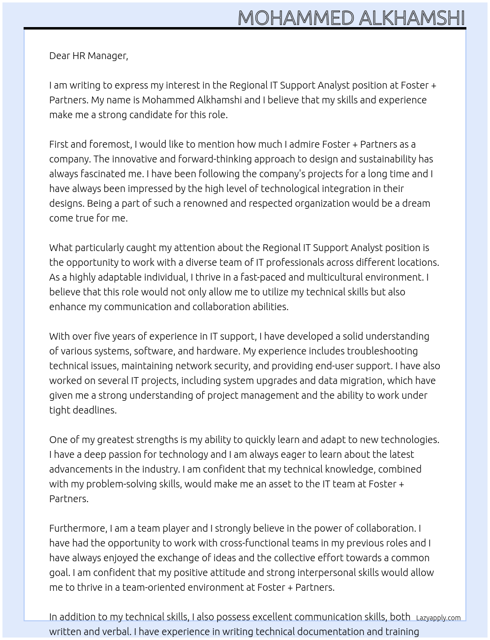 Cover letter for regional it support analyst - LazyApply