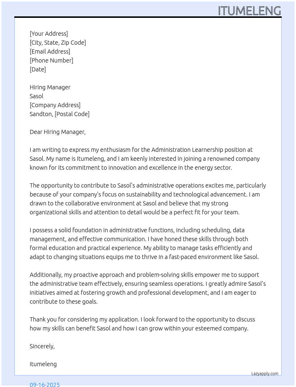 Cover letter for administration learnership - LazyApply