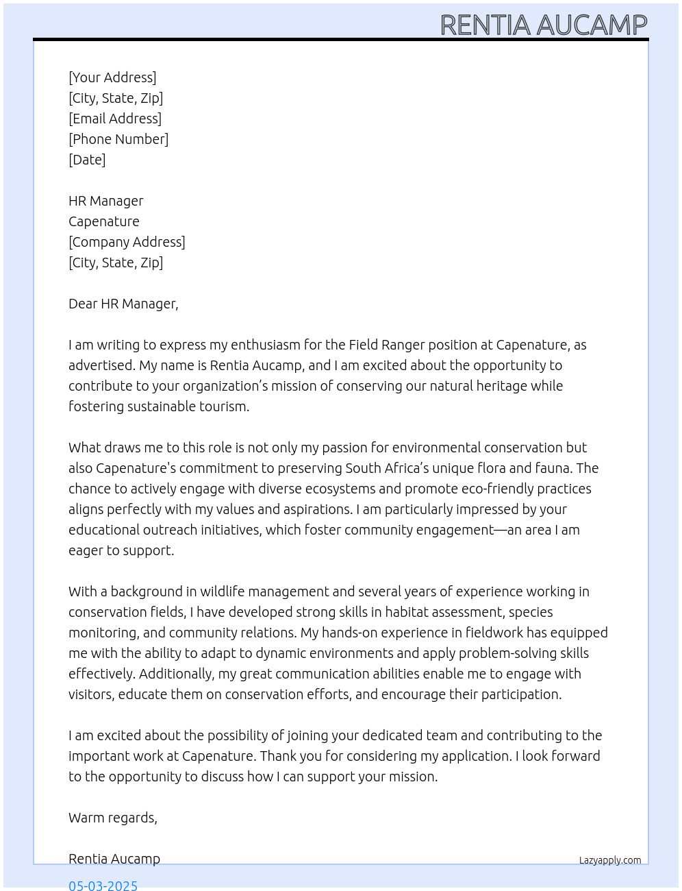 Field Ranger At Capenature Cover Letter