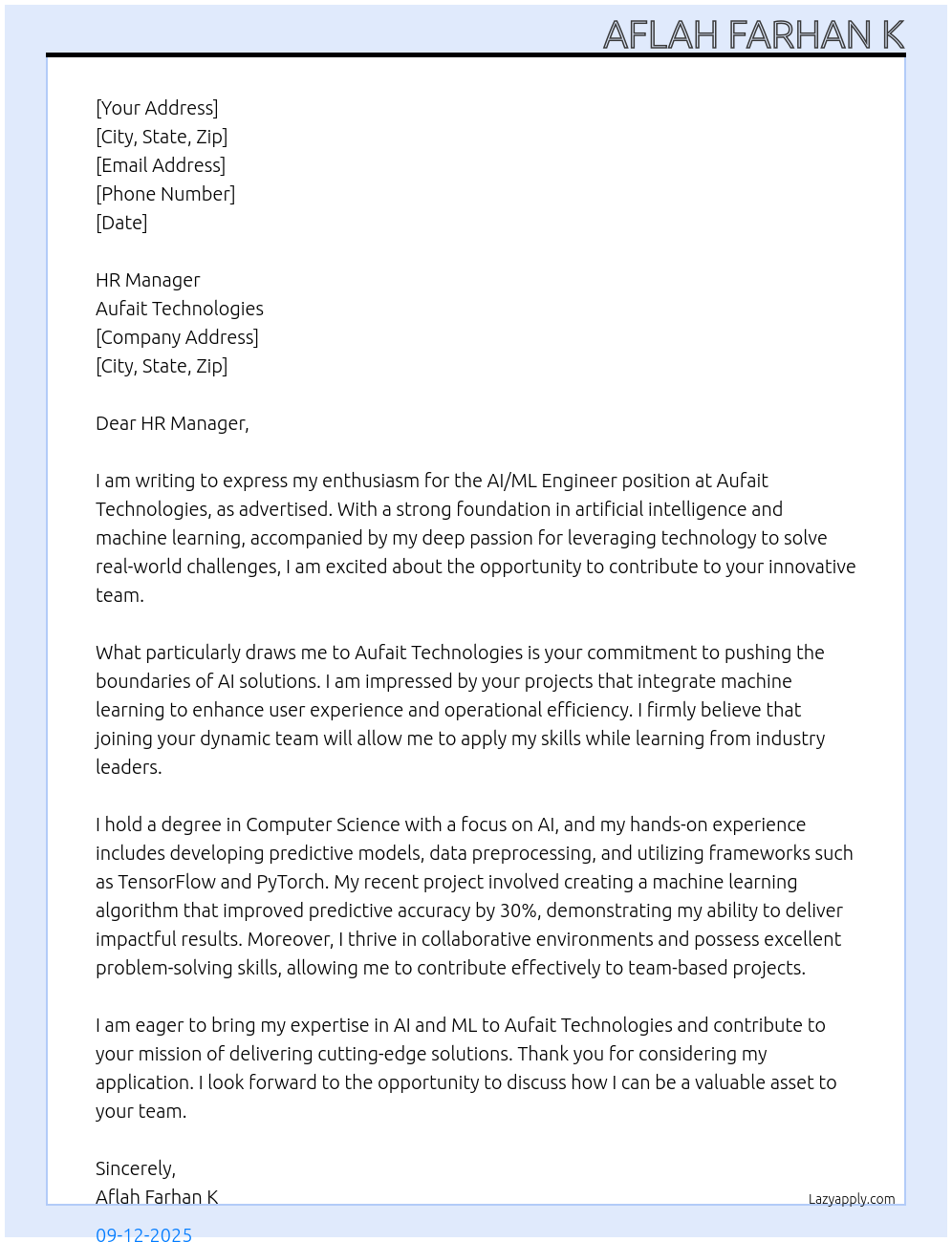 AI/ML engineer At aufait technologies Cover Letter