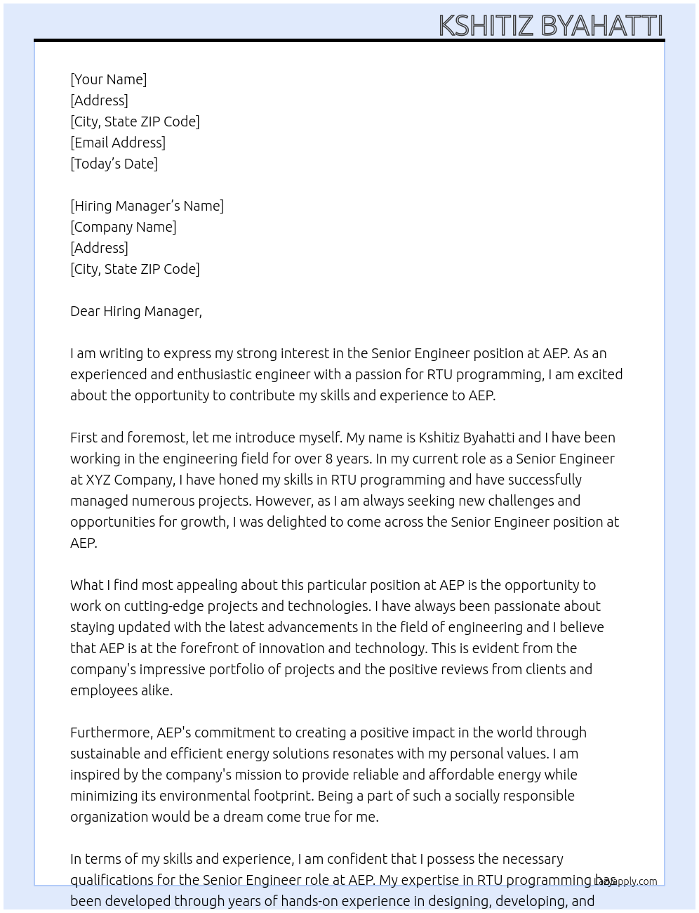 Senior Engineer At AEP Cover Letter
