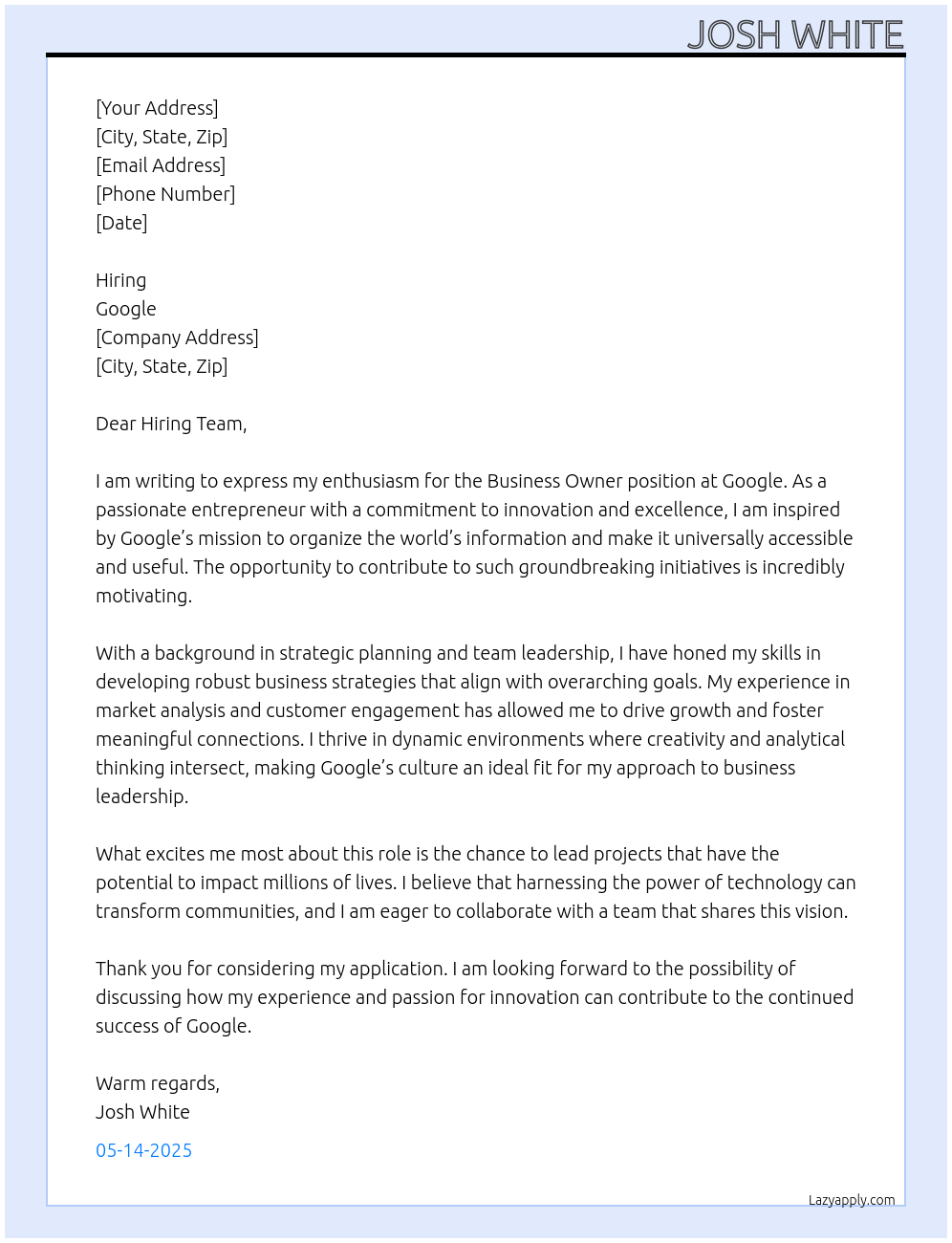 Business Owner At Google Cover Letter