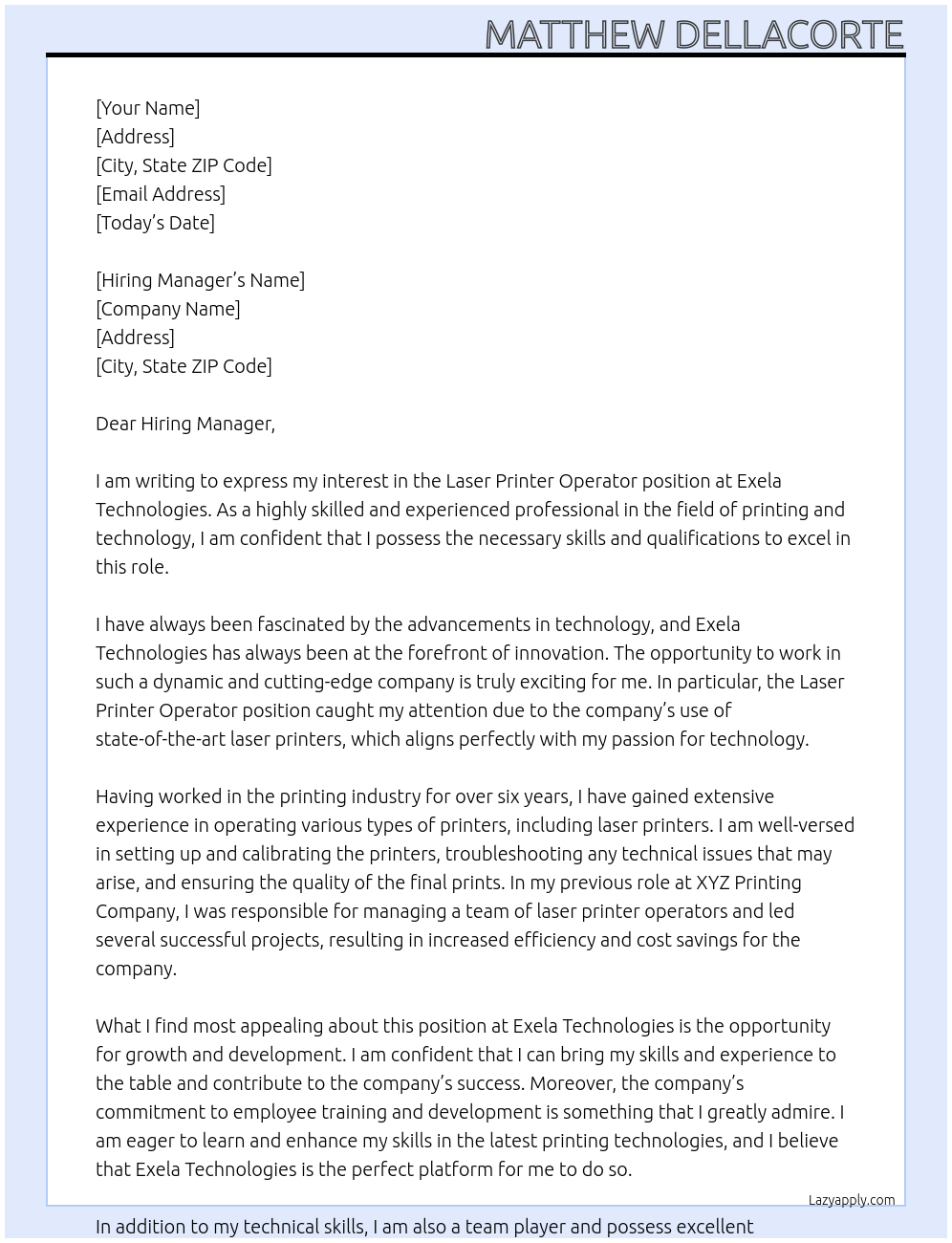 Cover letter for laser printer operator - LazyApply