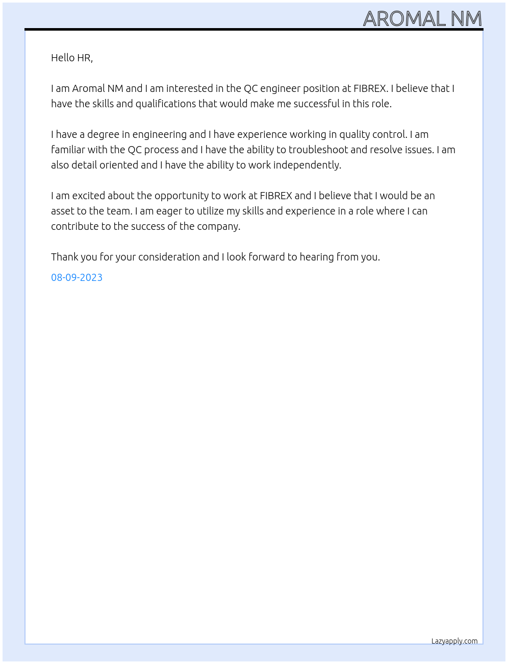 QC engineer At FIBREX Cover Letter