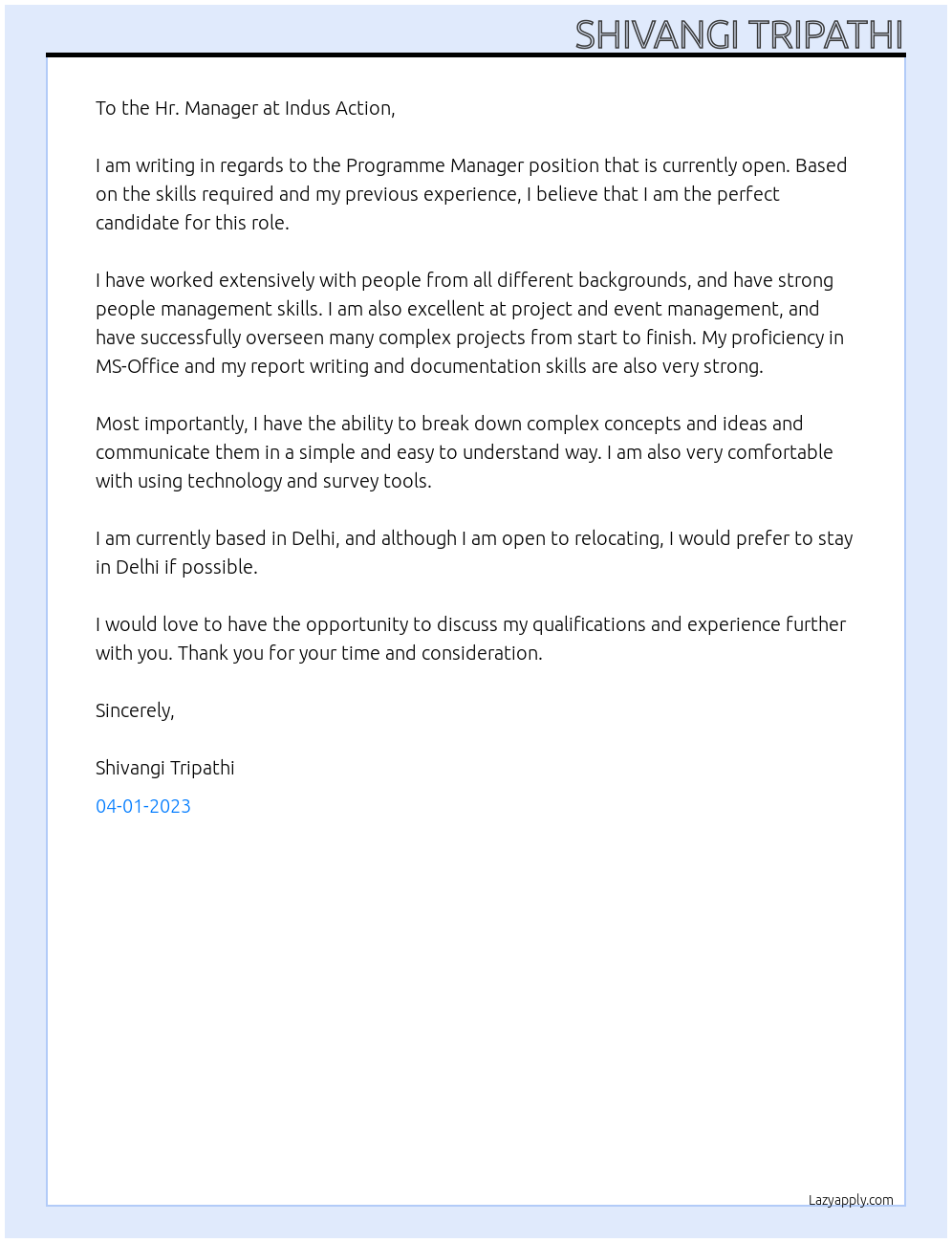 Programme Manager At Indus Action Cover Letter