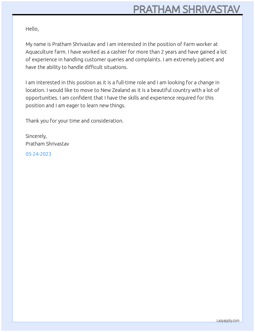 Farm worker At Aquaculture farm Cover Letter