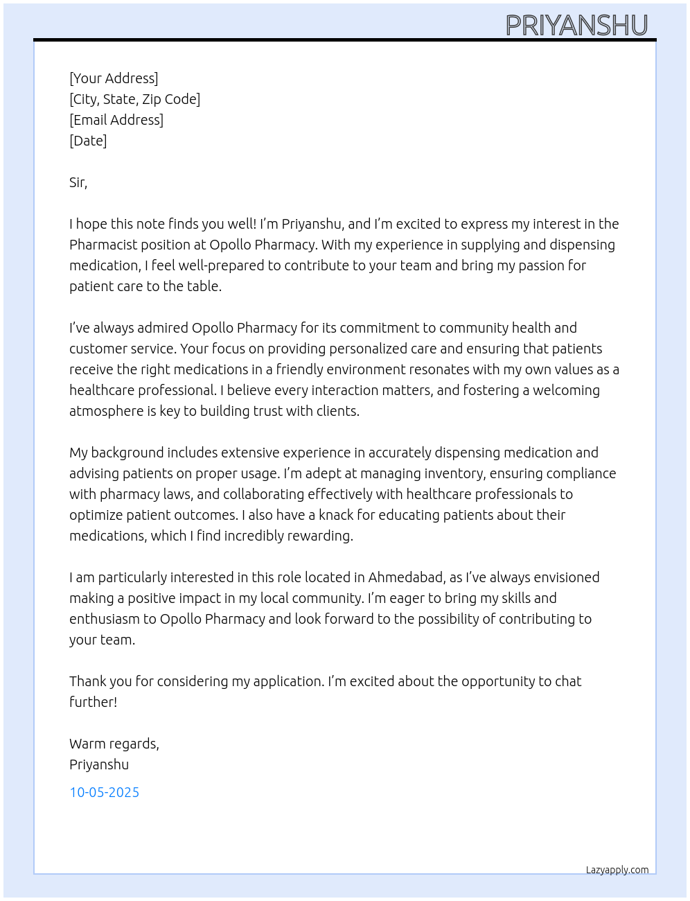 Pharmacist At Opollo pharmacy Cover Letter