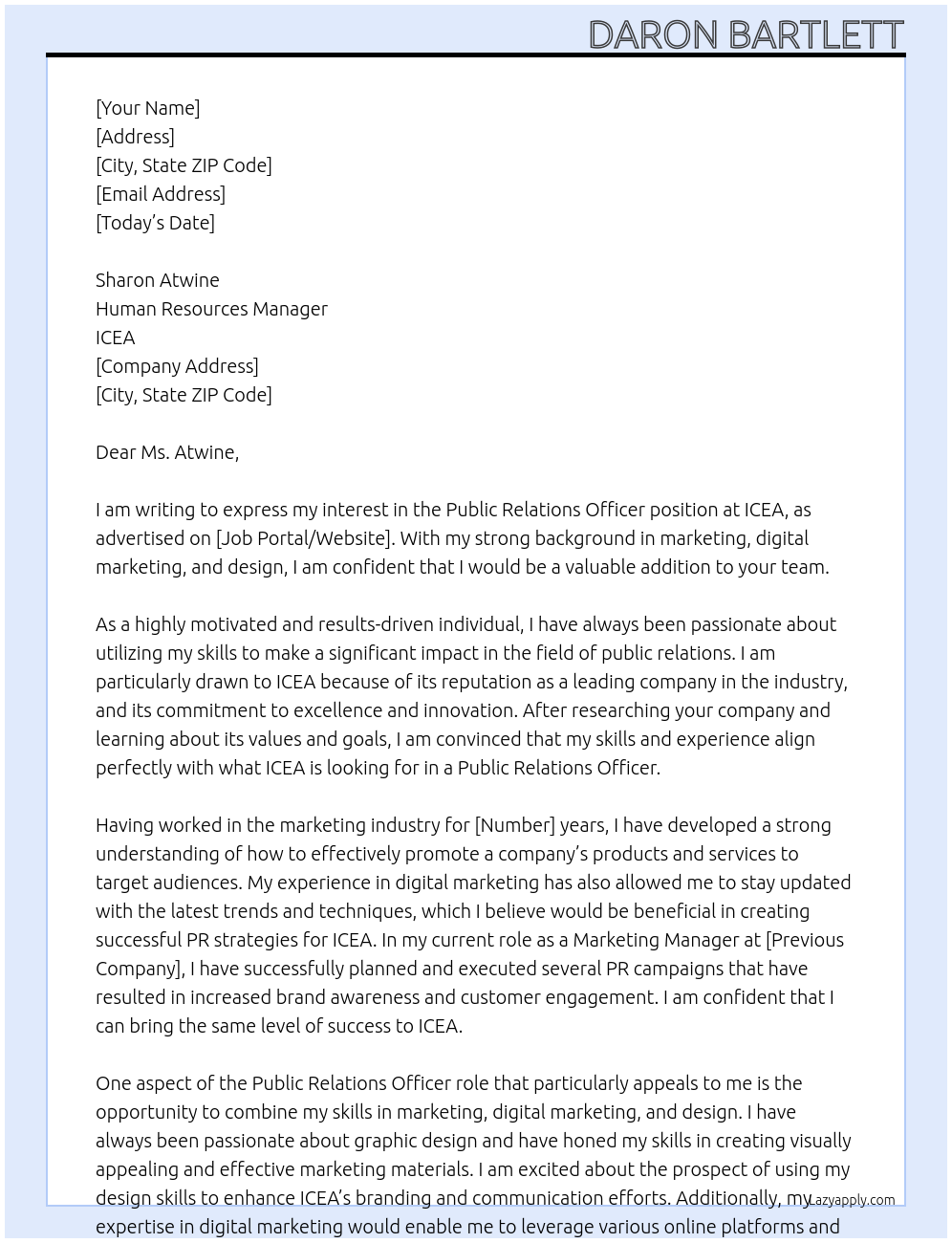 Public Relations Officer At ICEA Cover Letter