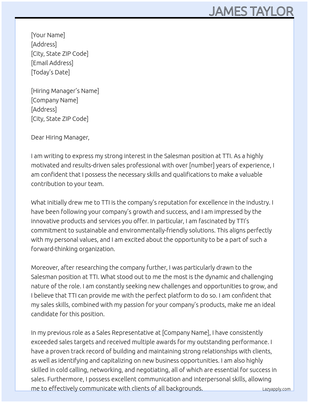 Saleman At TTI Cover Letter