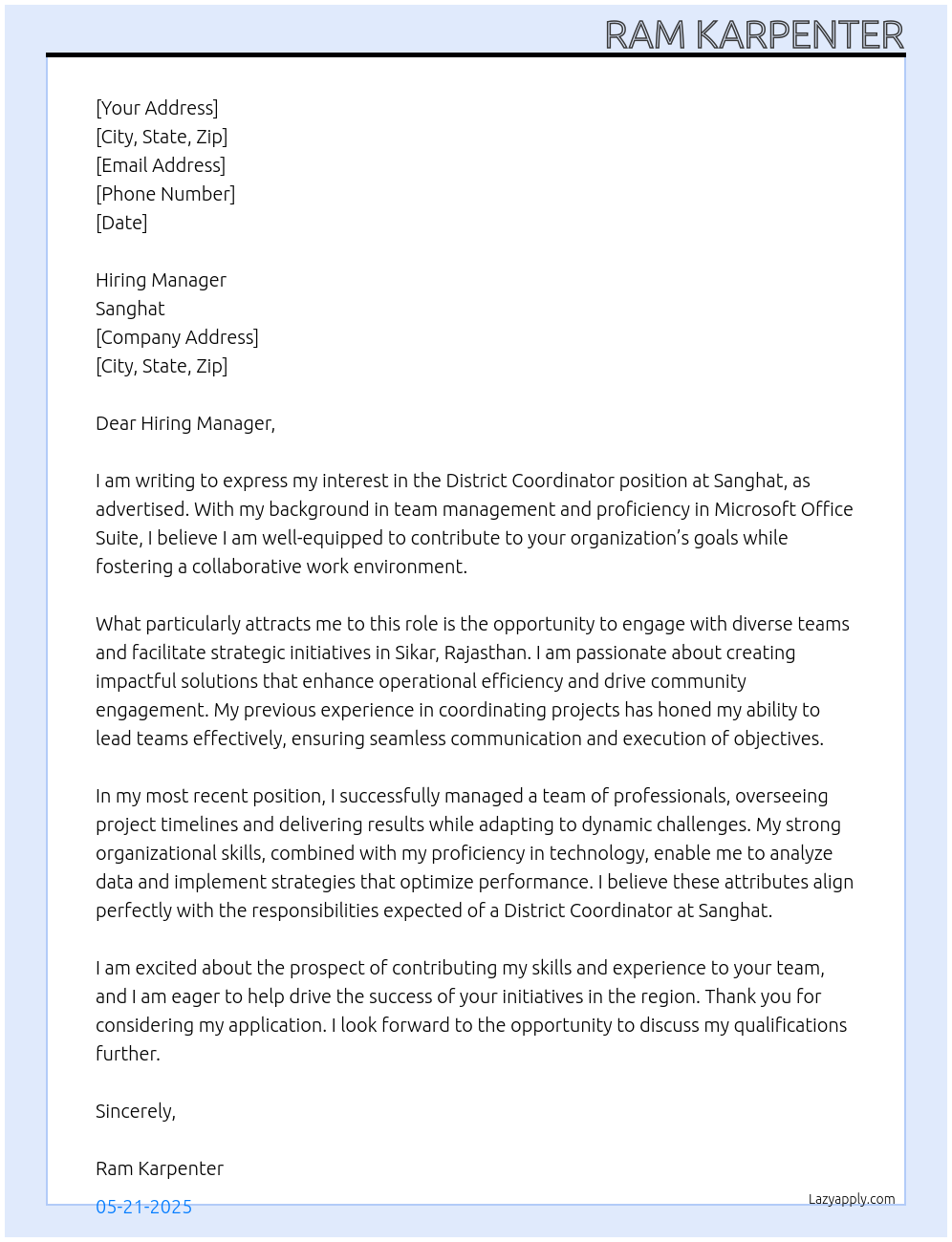 District Coordinator At Sanghat Cover Letter