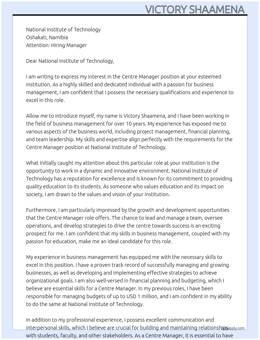 Centre Manager  At National Institute of Technology Cover Letter