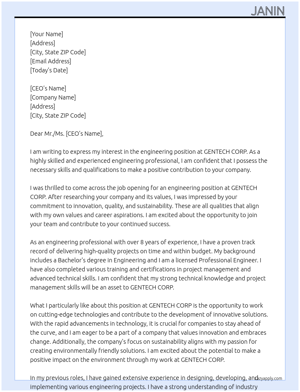 engineering At GENTECH CORP. Cover Letter
