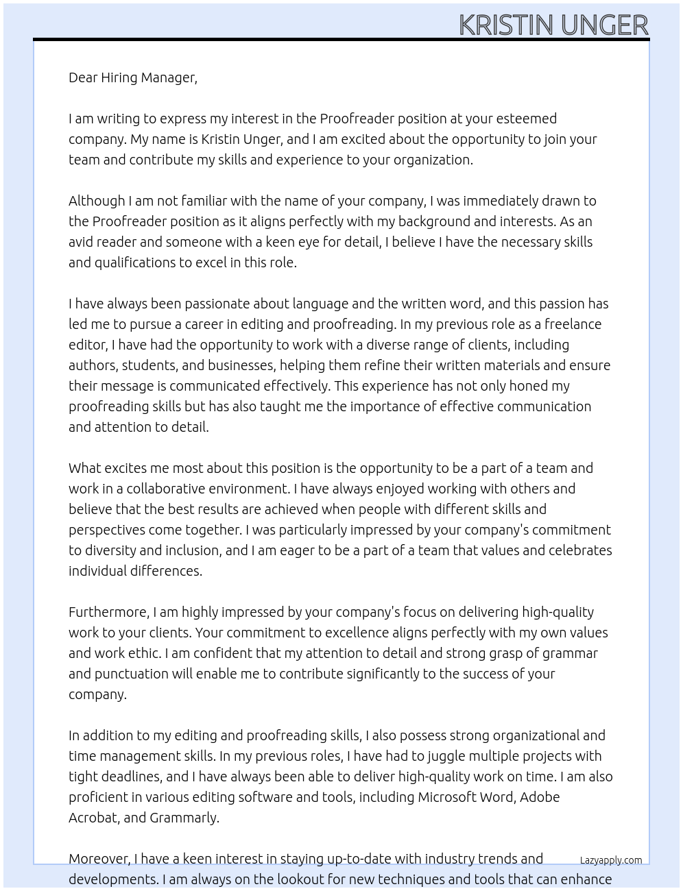 Proofreader At Unknown Cover Letter