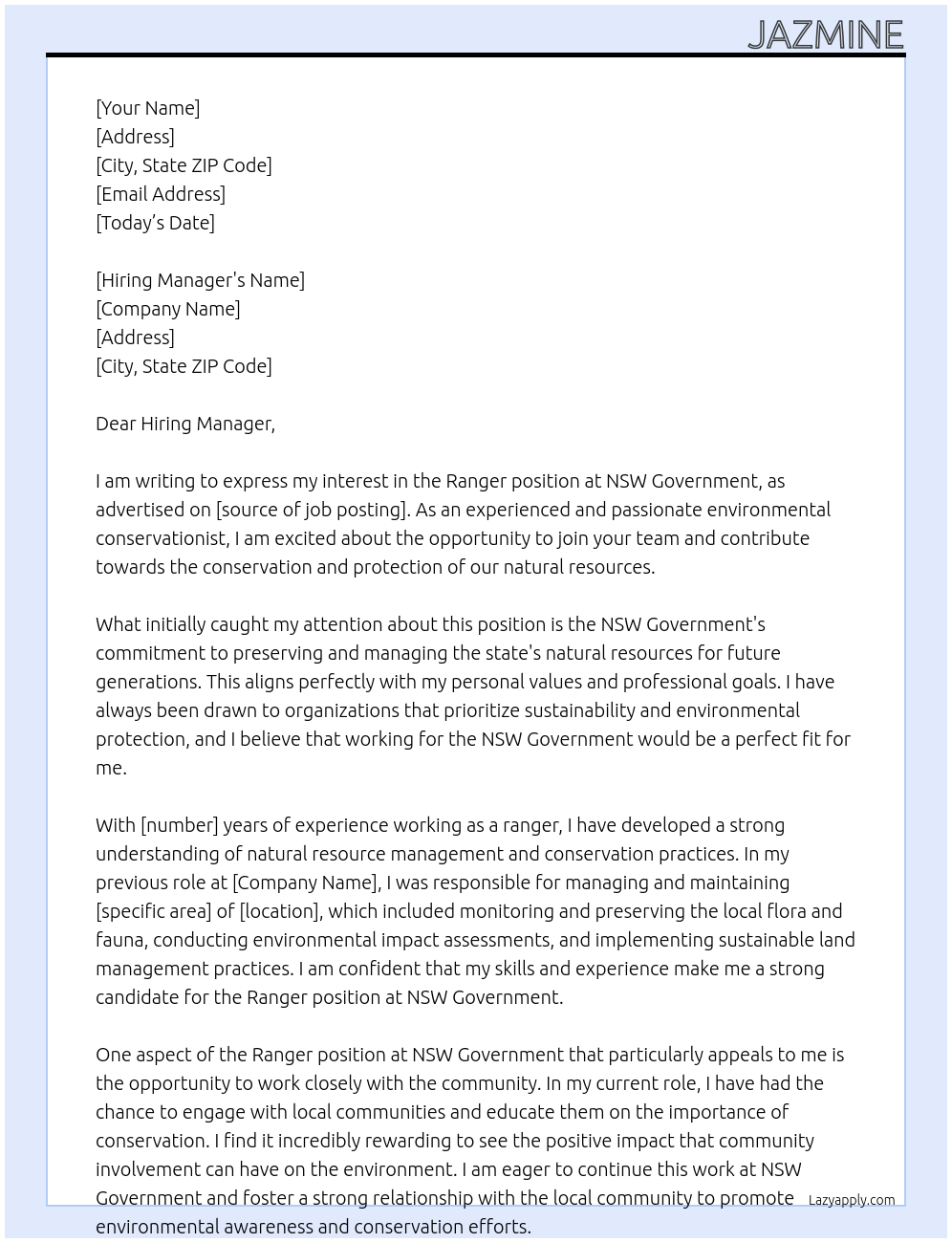 ranger At    NSW government Cover Letter