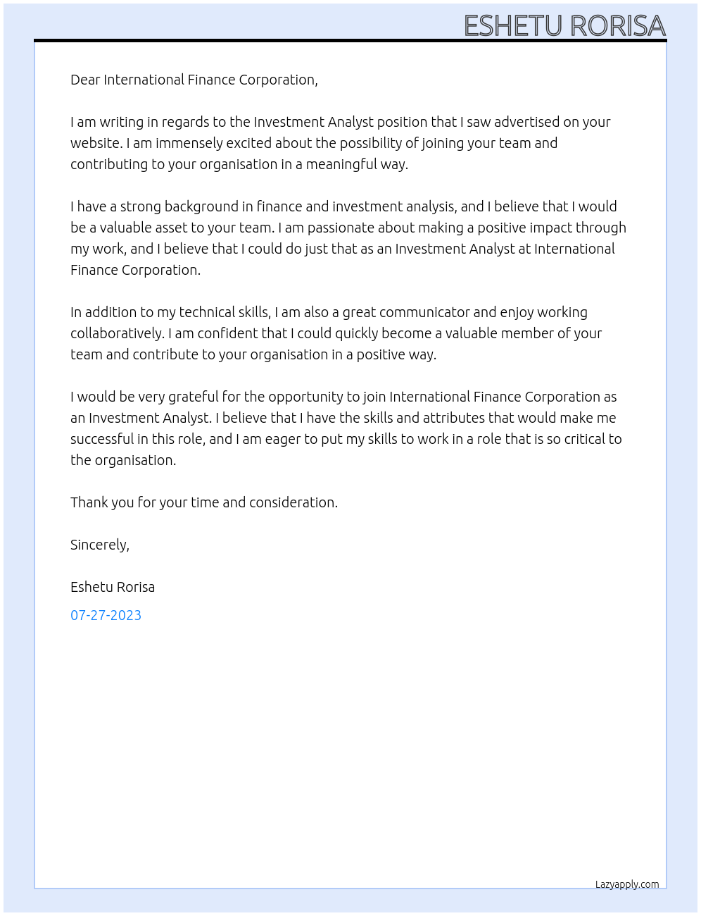 Investment Analyst At International Finance Corporation Cover Letter