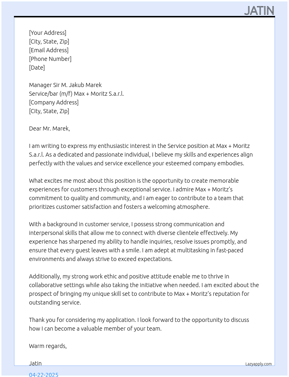 Cover letter for service - LazyApply