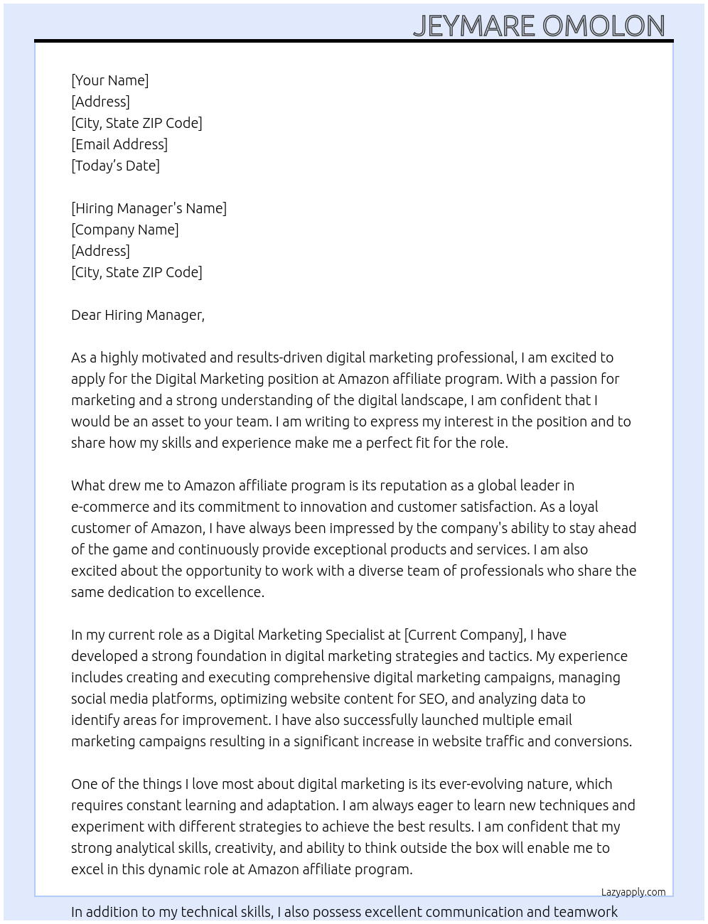 Digital marketing At Amazon affiliate program Cover Letter