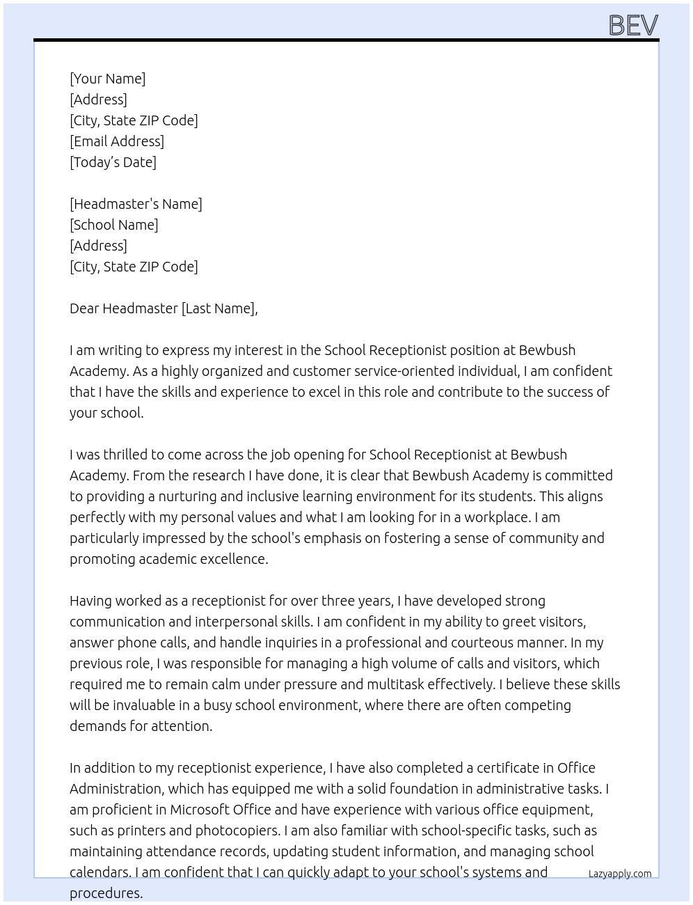 Cover letter for school receptionist - LazyApply