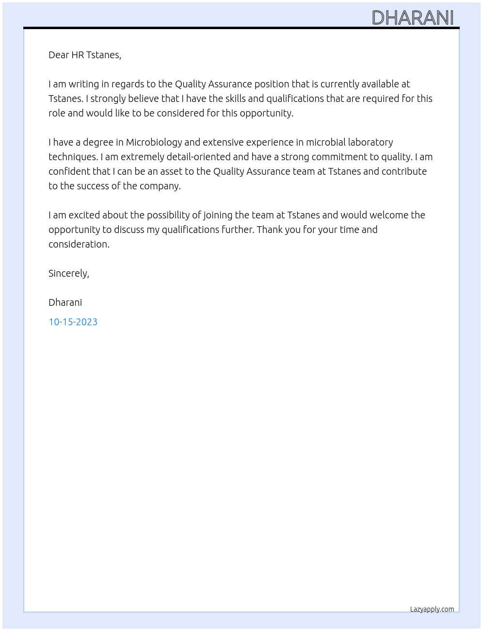 Quality Assurance  At Tstanes  Cover Letter