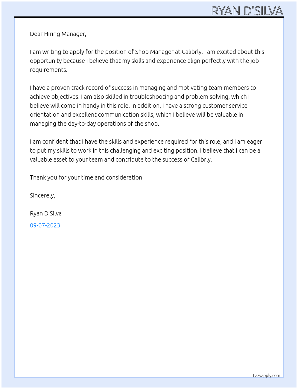 Shop Manager At Calibrly Cover Letter