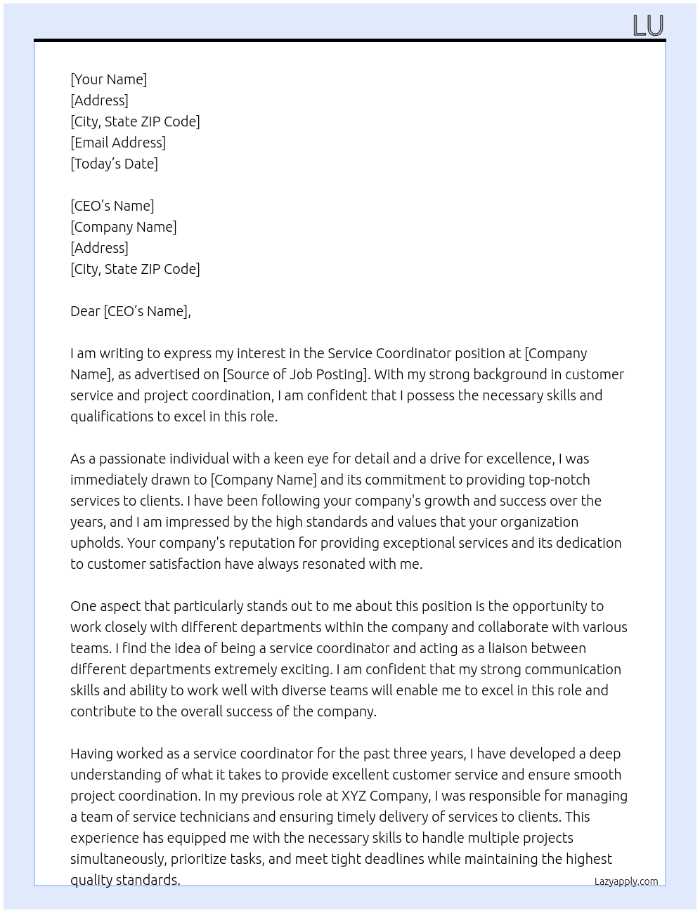 service coordinator At lala Cover Letter