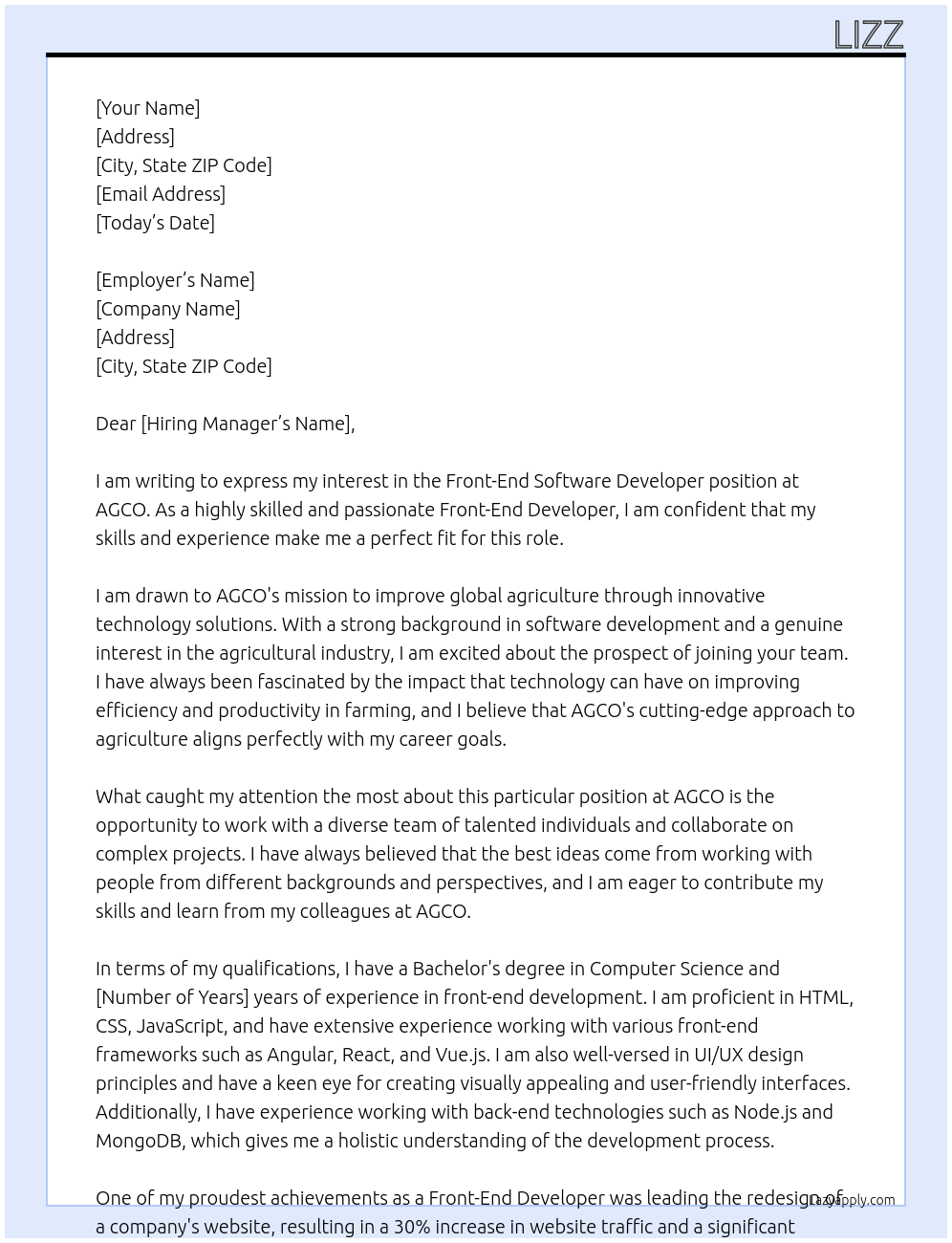 Front-End Software Developer  At AGCO Cover Letter