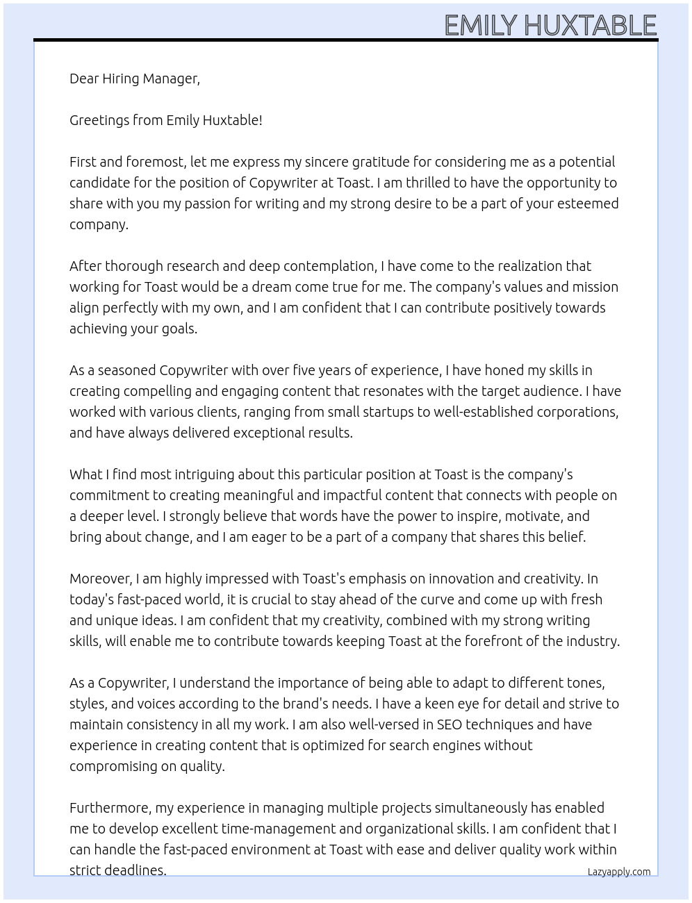 Copywriter At Toast Cover Letter